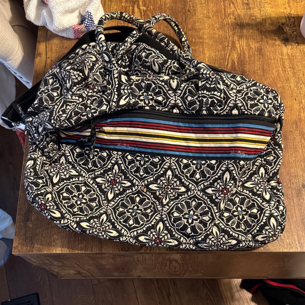 Vera Bradley Black and White Floral Tote with Striped Accent